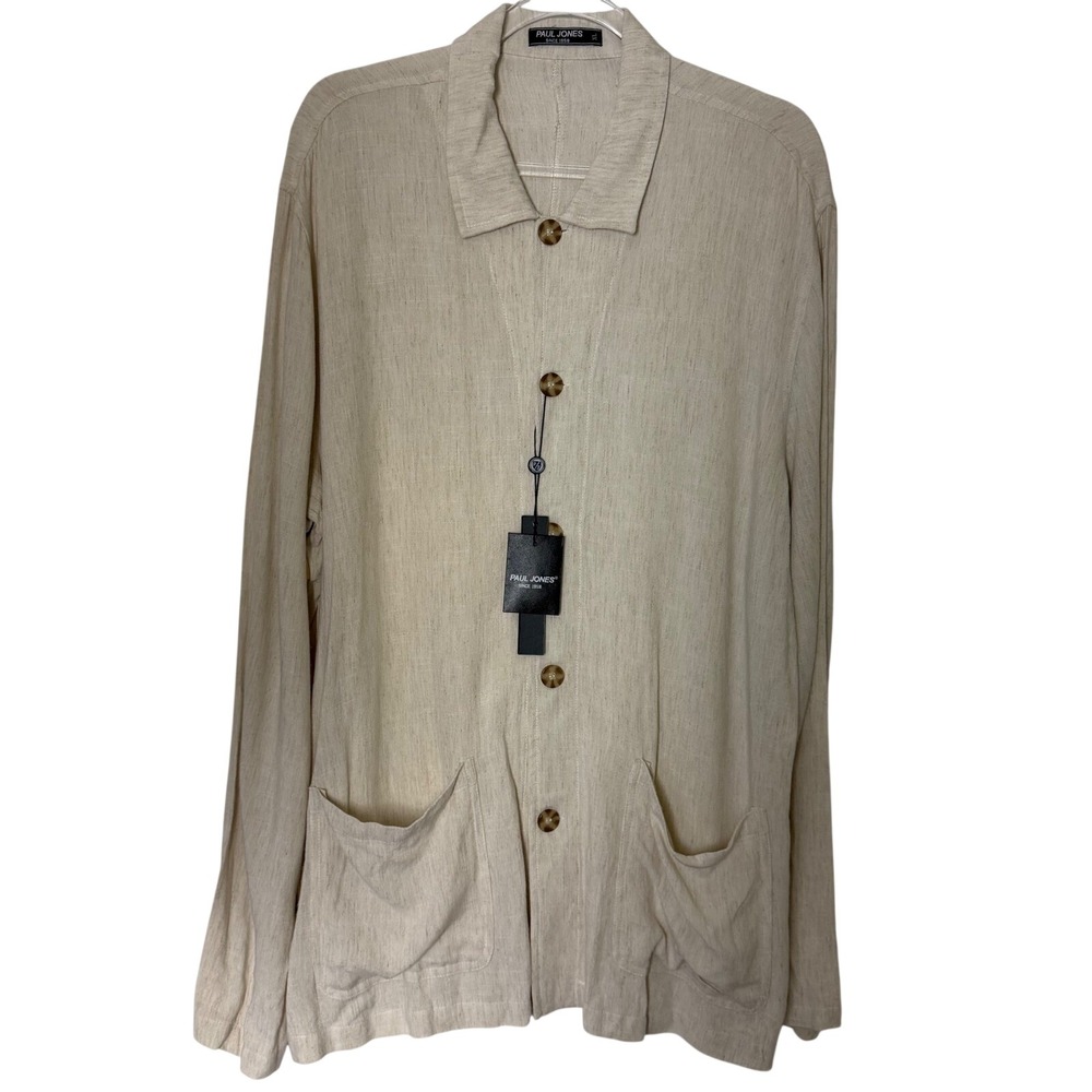 Paul Jones Linen Blend Button Down Shirt Mens XL Beige‎ Long Sleeve Pockets NWT